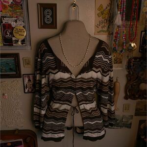 Chevron Striped Babydoll Cardigan Women's XL Brown White Quarter Sleeve Y2K